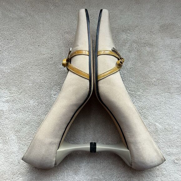 VanEli Wheat Taffeta With Gold Patent Leather Bow Heel Pump Women 7 M Classic - Picture 4 of 15